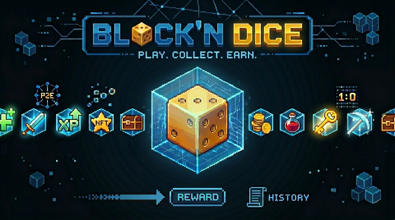 Block'n Dice — Play. Collect. Earn. — bannière pixel art avec dé doré et icônes gaming